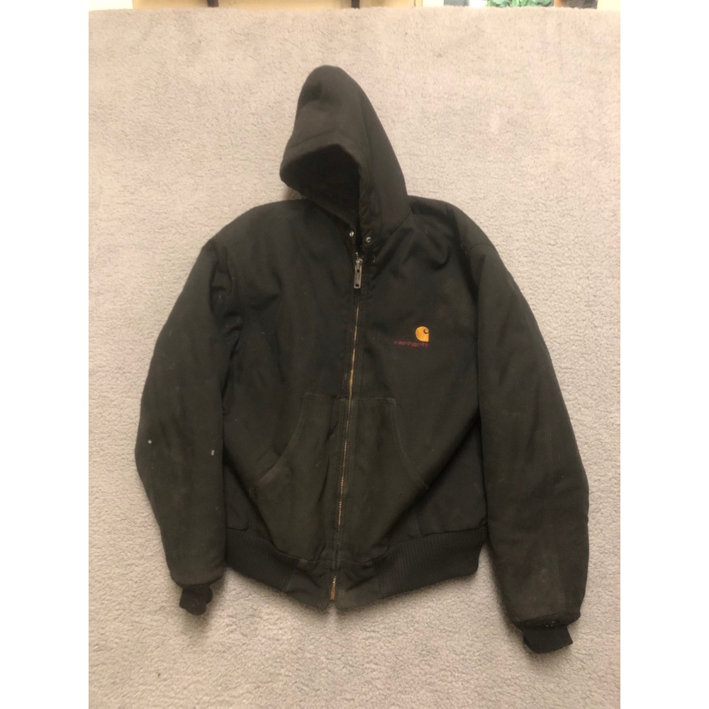 Vintage Carhartt Mens Black Duck Canvas Quilted Lined Jacket Hooded J21 BLK